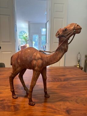 Vintage Large Camel Figurine Glass Eyes Leather Hand Wrapped Quality Rare 14”